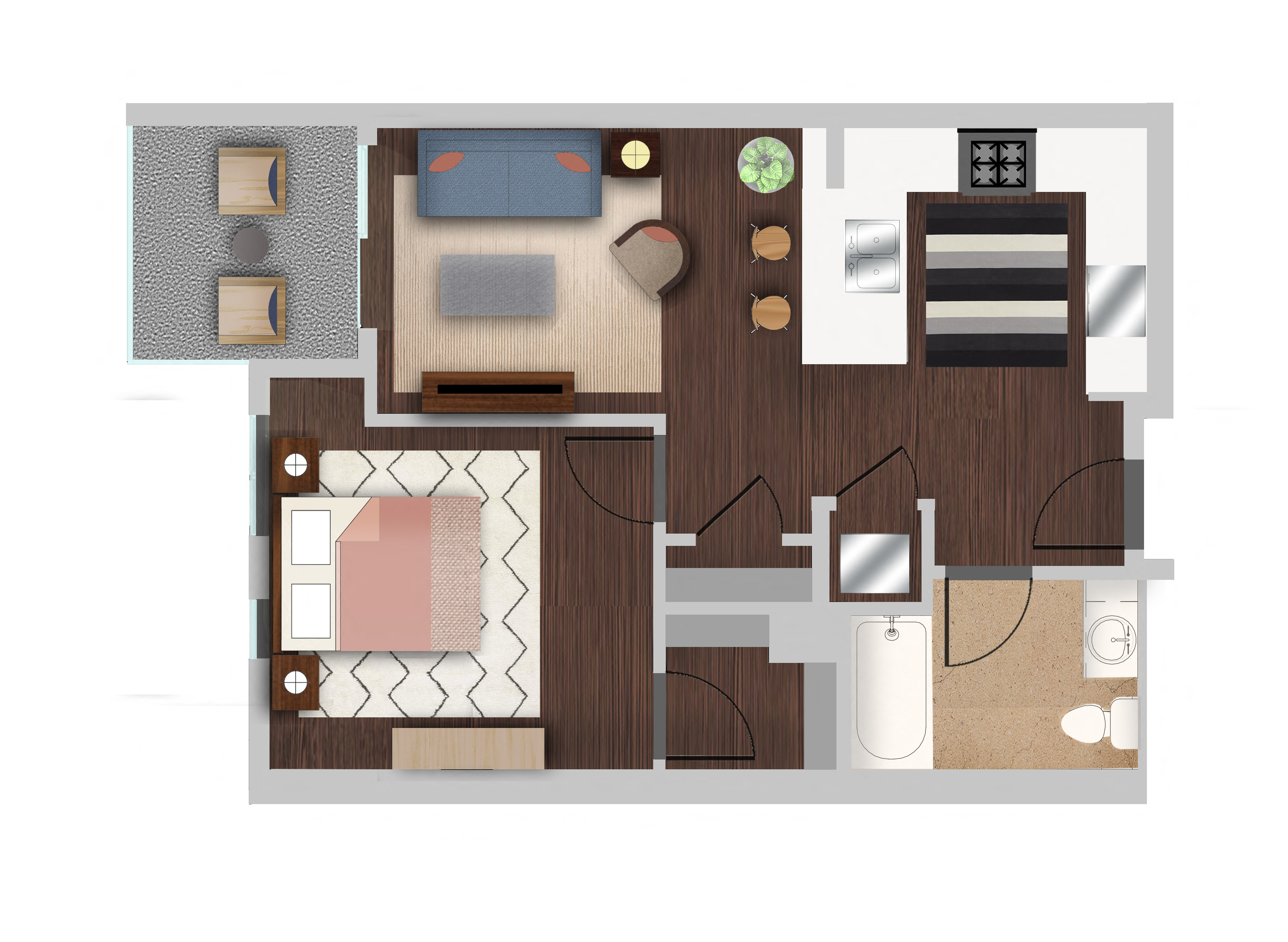 Floor plan for 1 bed, 1 bath, 636 sqft